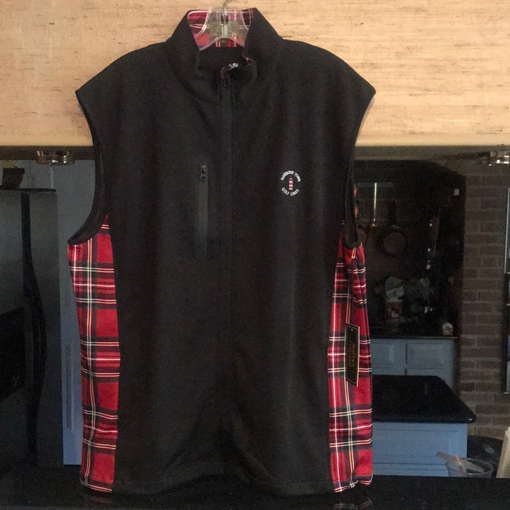 Men's Black Fleece Vest with Red Plaid Panels